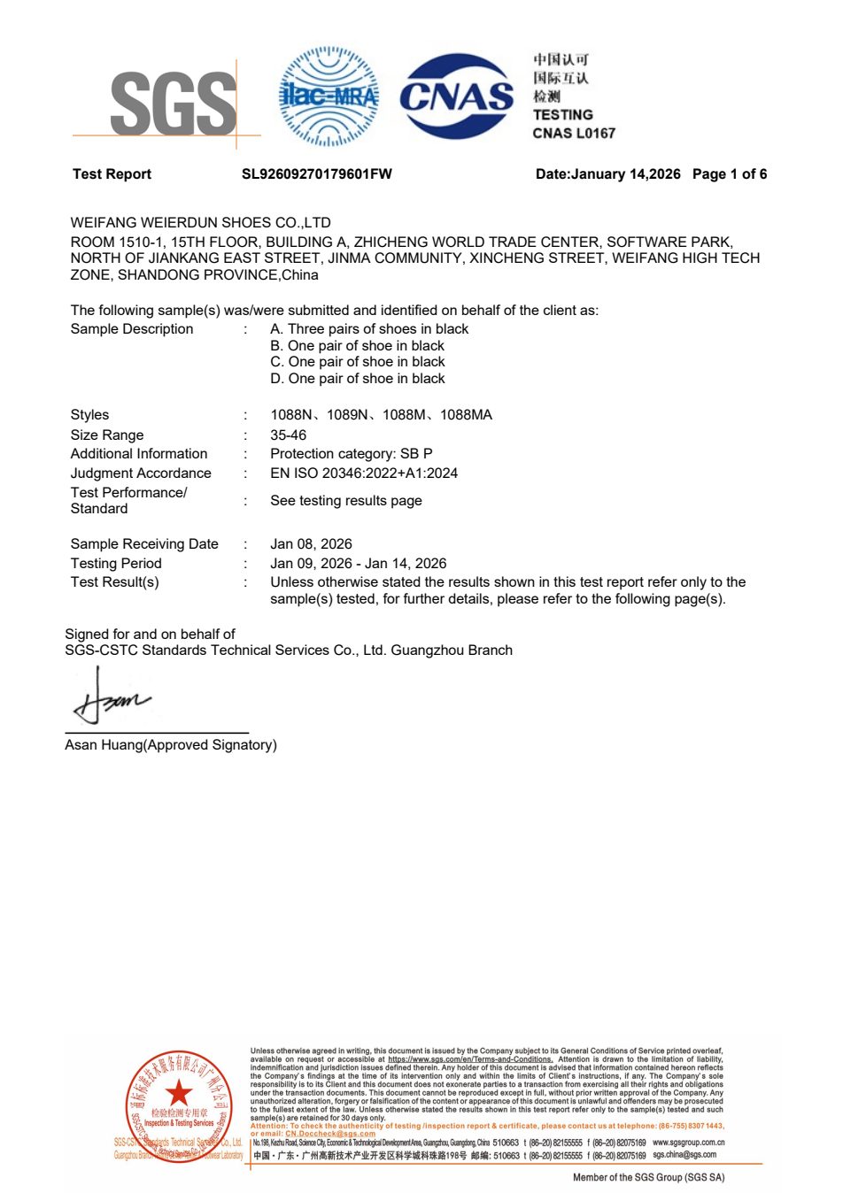 SGS test report SL92609270179601FW, page 1