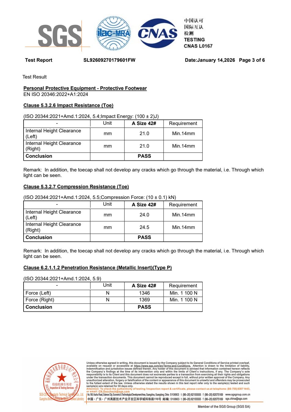 SGS test report SL92609270179601FW, test results for toe impact, compression and penetration