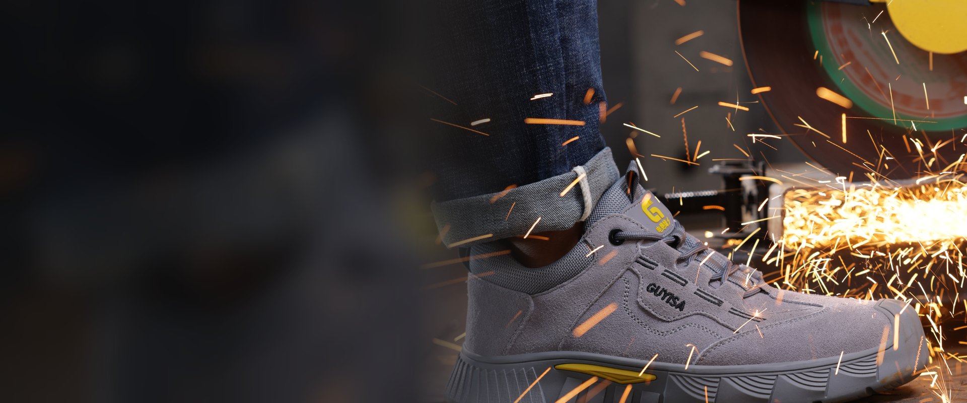 Model 0266FKV grey suede safety sneaker in a grinding-spark test