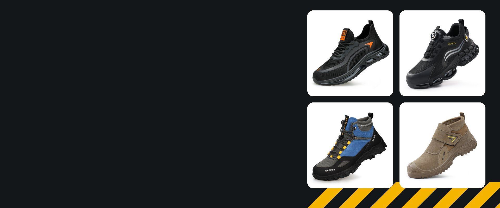 Four XiangChi safety shoe models side by side: knit sneaker, rotary-lace shoe, hiker boot and welding shoe