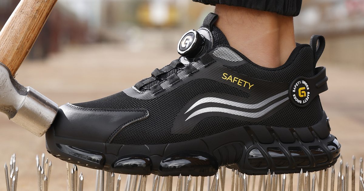 Steel toe cap safety sneaker standing on nails while a hammer strikes the toe